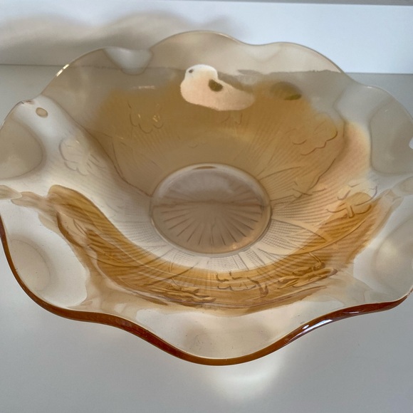 EUC VTG JEANNETTE LOUISA IRIDESCENT FLORAGOLD RUFFLED RIM BOWL CARNIVAL GLASS - Picture 9 of 9